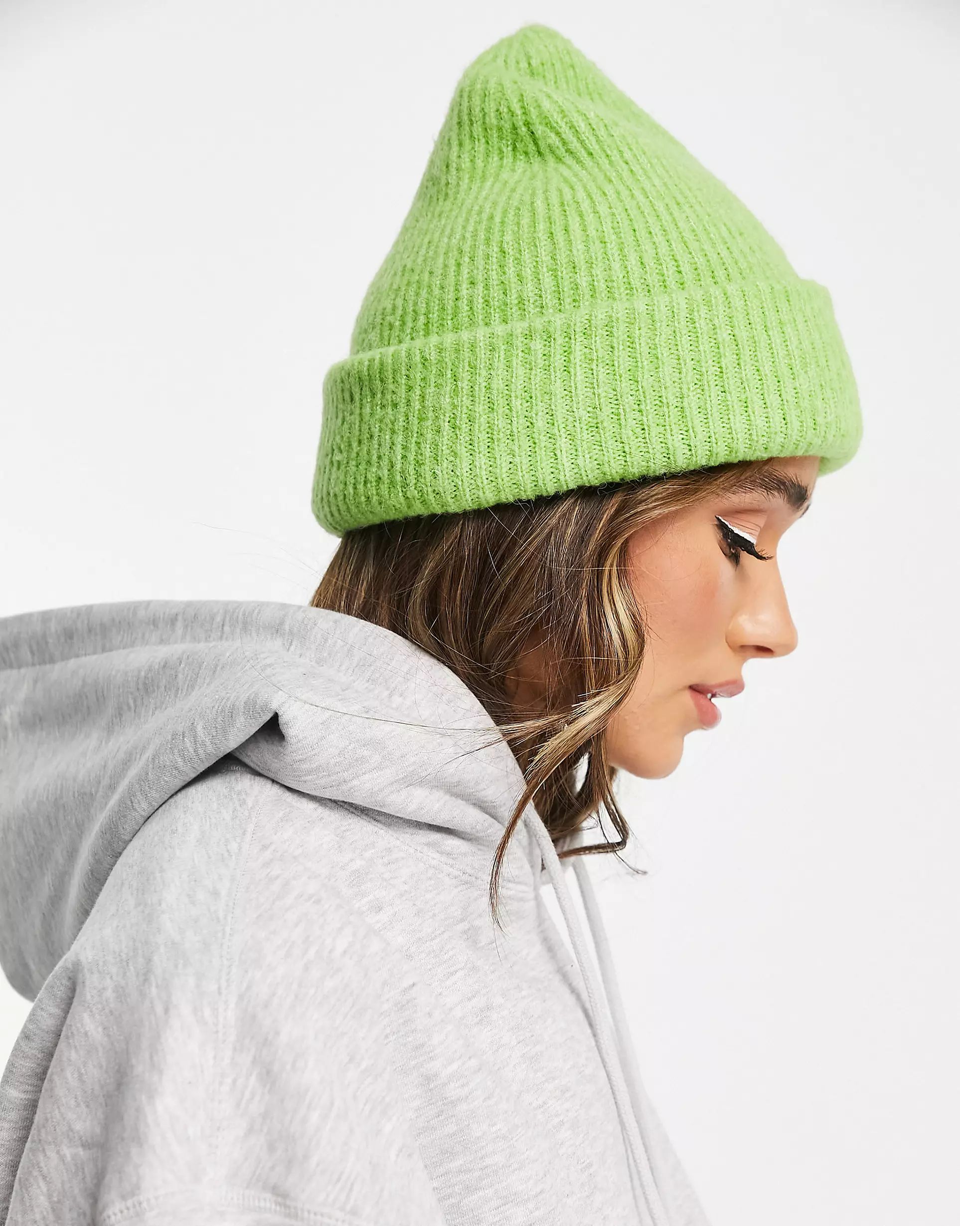 ASOS DESIGN chunky double roll beanie in green | ASOS (Global)