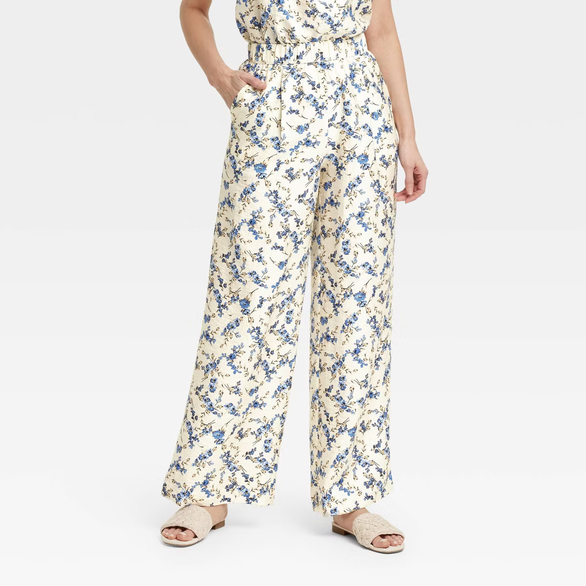 Women's High-Rise Wide Leg Pull-On Pants - A New Day™ Cream Floral S | Target
