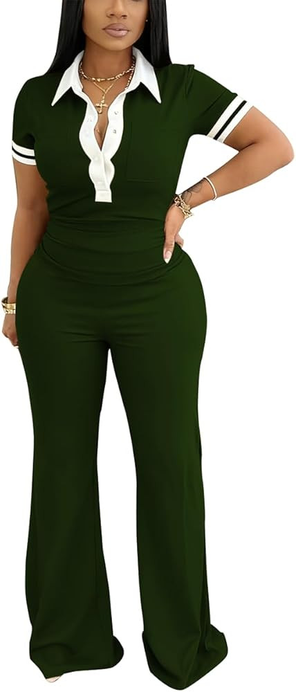 Ulovmi Women'S Polo 2 Piece Outfit Fitted Short Sleeve Color Block Top Wide Leg Pants Retro Casua... | Amazon (US)