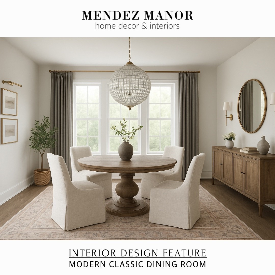 To elevate the look, we added a stunning glass globe chandelier as a statement piece above the table, drawing the eye upward and creating beautiful ambient light. 

A wooden sideboard provides storage while serving as a backdrop for decor, styled with a round mirror, brass sconces, and simple vases. 

Neutral drapery panels frame the large windows, adding height and softness, while touches of greenery bring the room to life. 

#LTKHome #LTKStyleTip #LTKFamily
