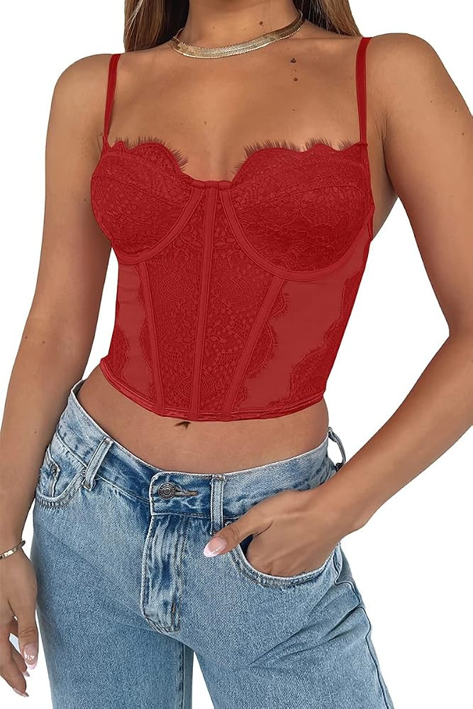 Dealmore Womens Corset Top Going Out Lace Spaghetti Strap Crop Y2K Mesh Date Night Party Bustier ... | Amazon (US)