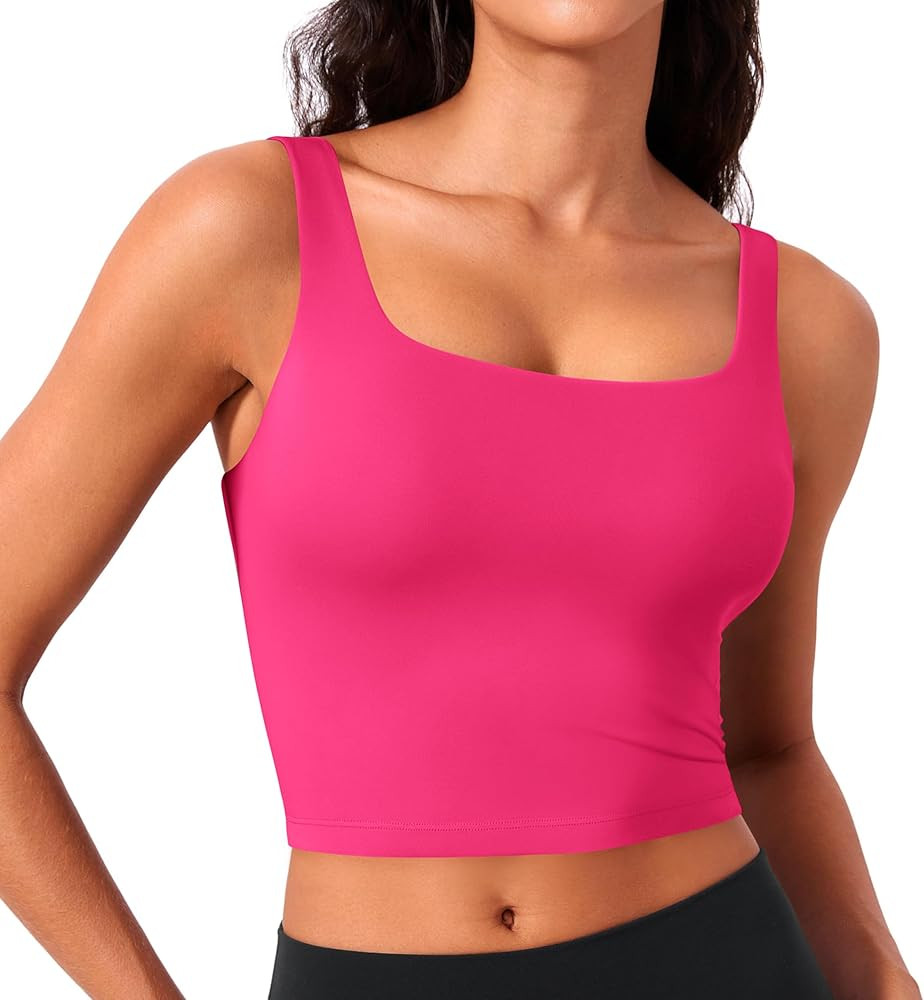 PINSPARK Sports Bra for Women Square Neck Longline Tank Top with Built in Bra | Amazon (US)
