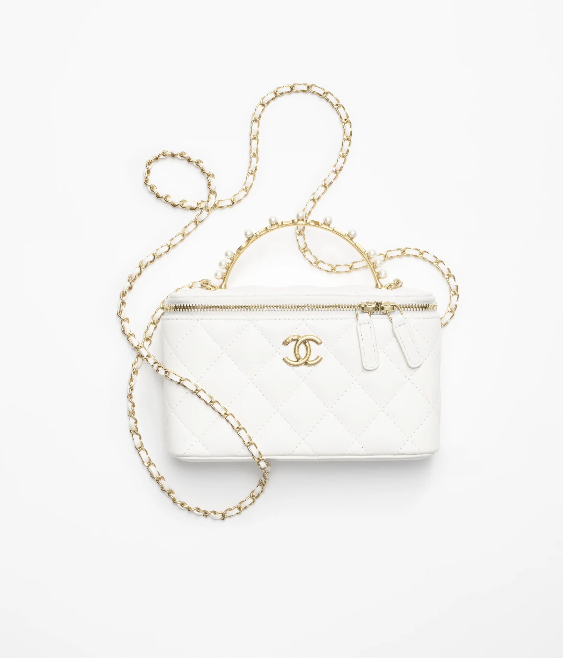 Clutch with chain - Lambskin, imitation pearls, strass & gold-tone metal, white — Fashion | CHA... | Chanel, Inc. (US)