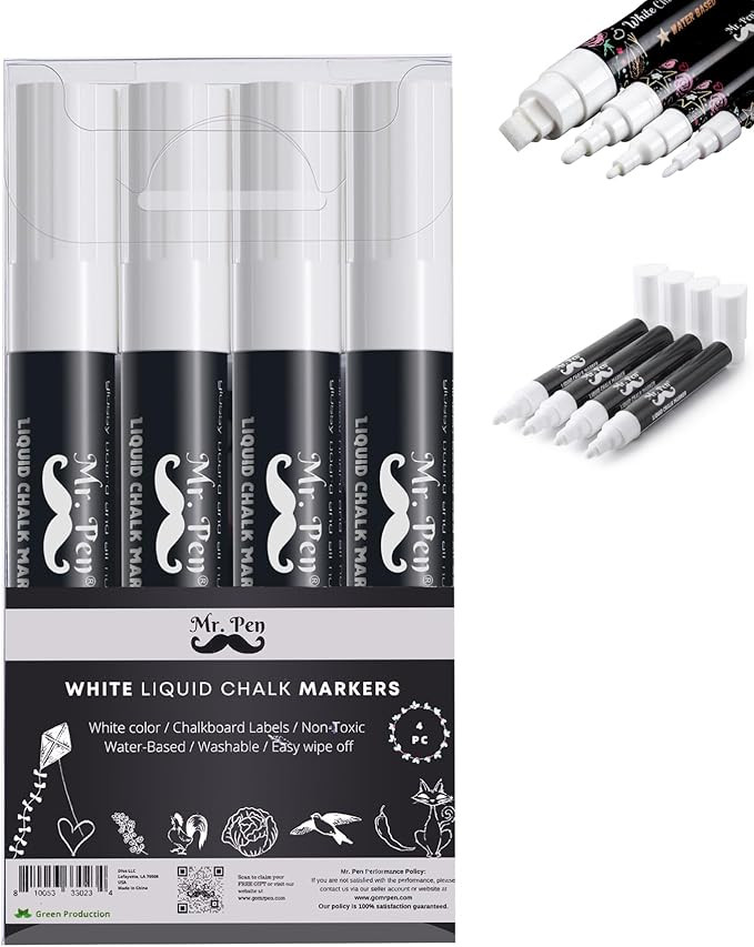 Mr. Pen- White Chalk Markers, 4 Pack, Dual Tip, 8 Assorted Colors, For Non-Porous Surfaces, Rever... | Amazon (US)
