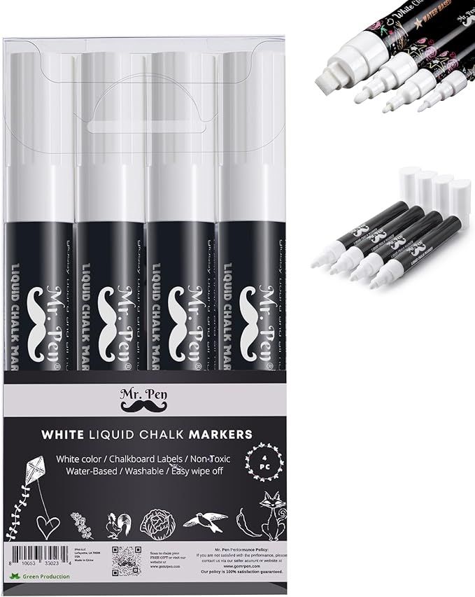 Mr. Pen- White Chalk Markers, 4 Pack, Dual Tip, 8 Assorted Colors, For Non-Porous Surfaces, Rever... | Amazon (US)