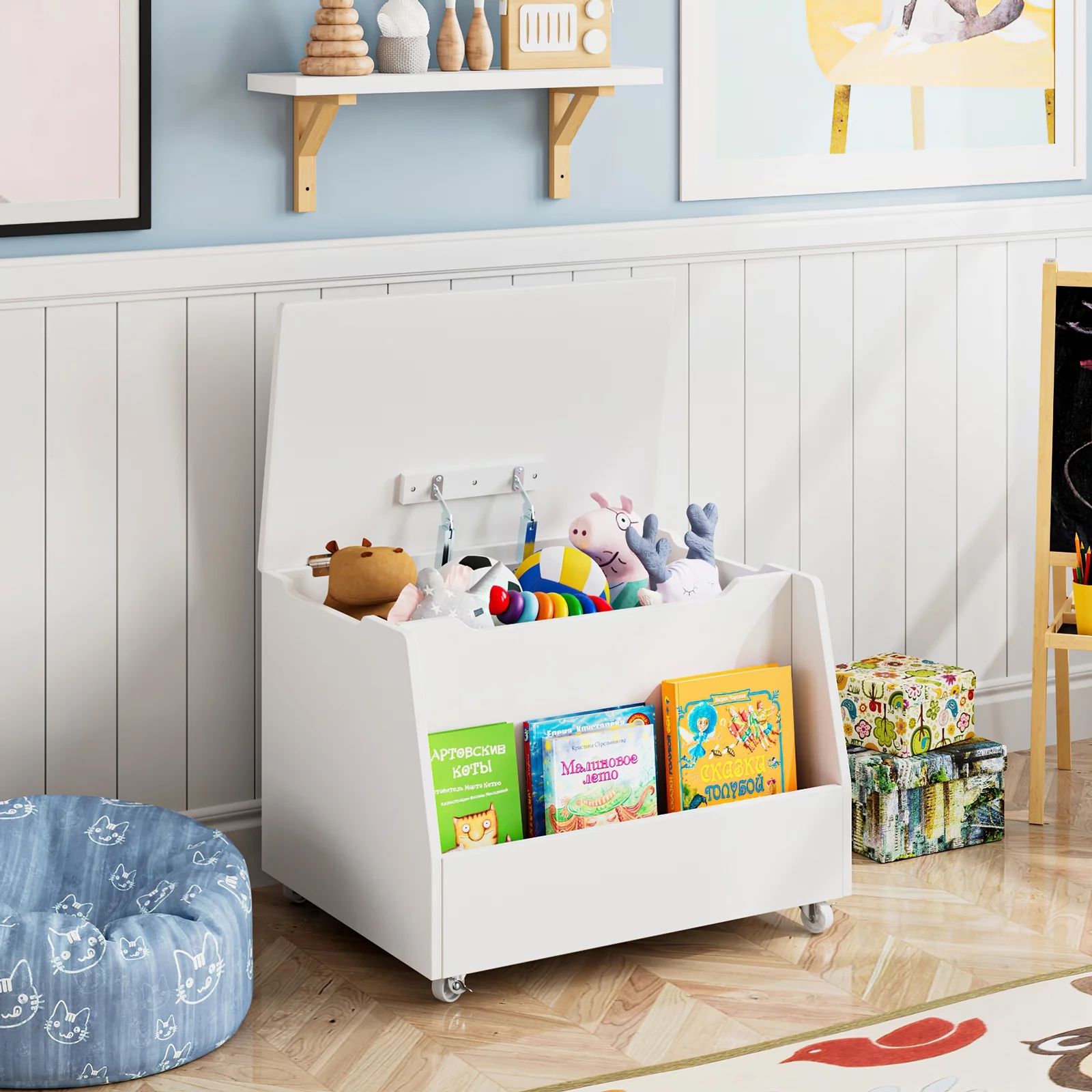 Toy Box with Front Book Storage Area, Children Toy Cabinet 360-degree Rotating Wheels, White | Walmart (US)
