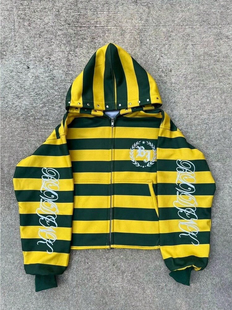 Retro Striped Letter Print Unisex Zip-Up Hooded Sweatshirt, Loose Fit Casual Hoodie, Vintage Sudaderas Para Hombre | SHEIN