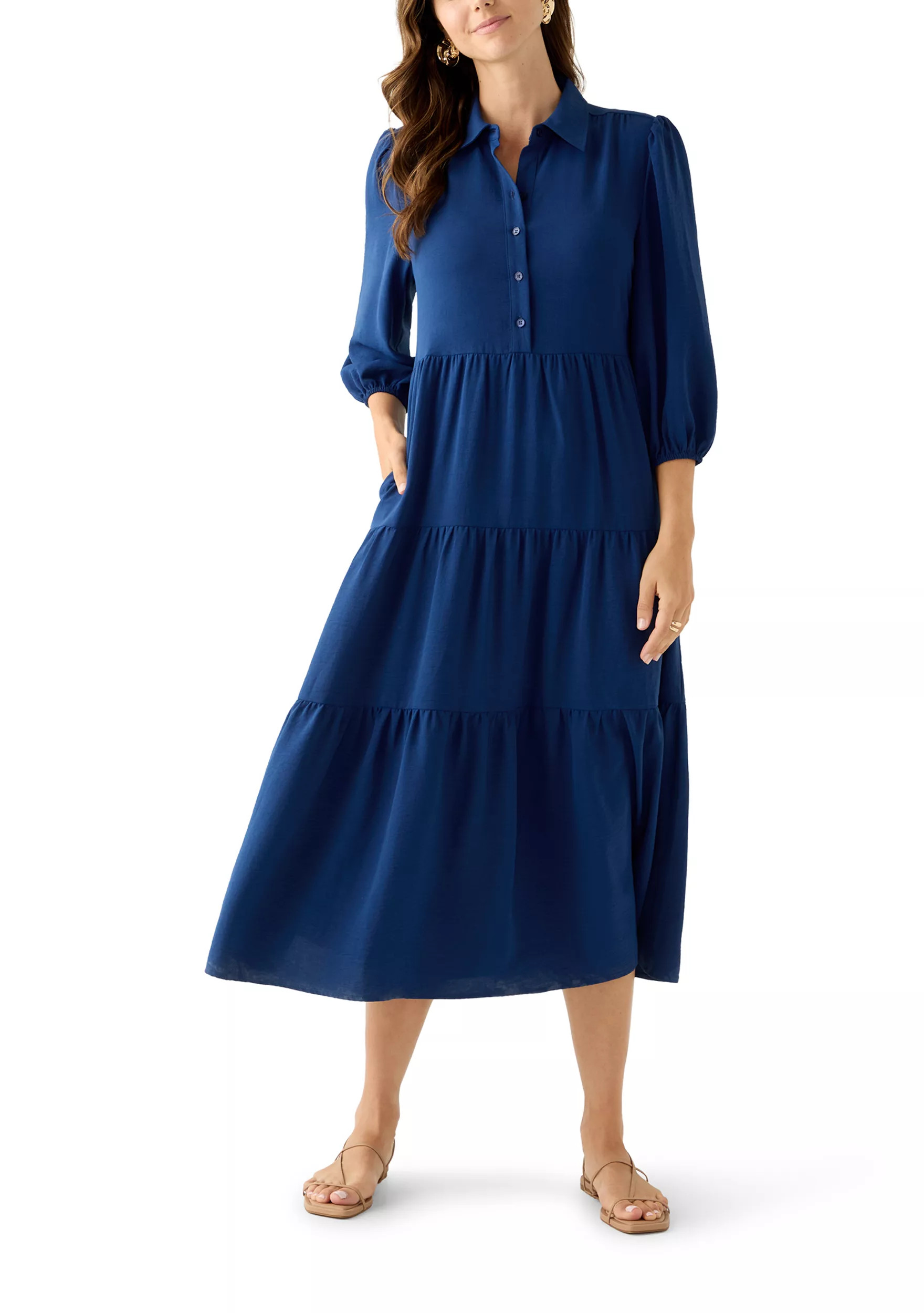 Women's 3/4 Puff Sleeve Button Down Collared Dress | Belk