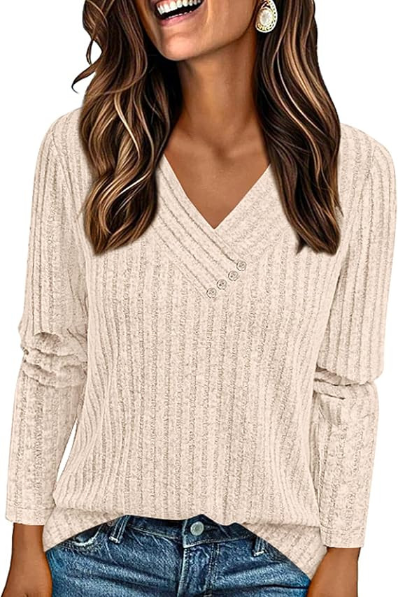 PRETTYGARDEN Women's Long Sleeve Shirts 2026 Fall Fashion Clothes Ribbed V Neck Spring Loose Tuni... | Amazon (US)