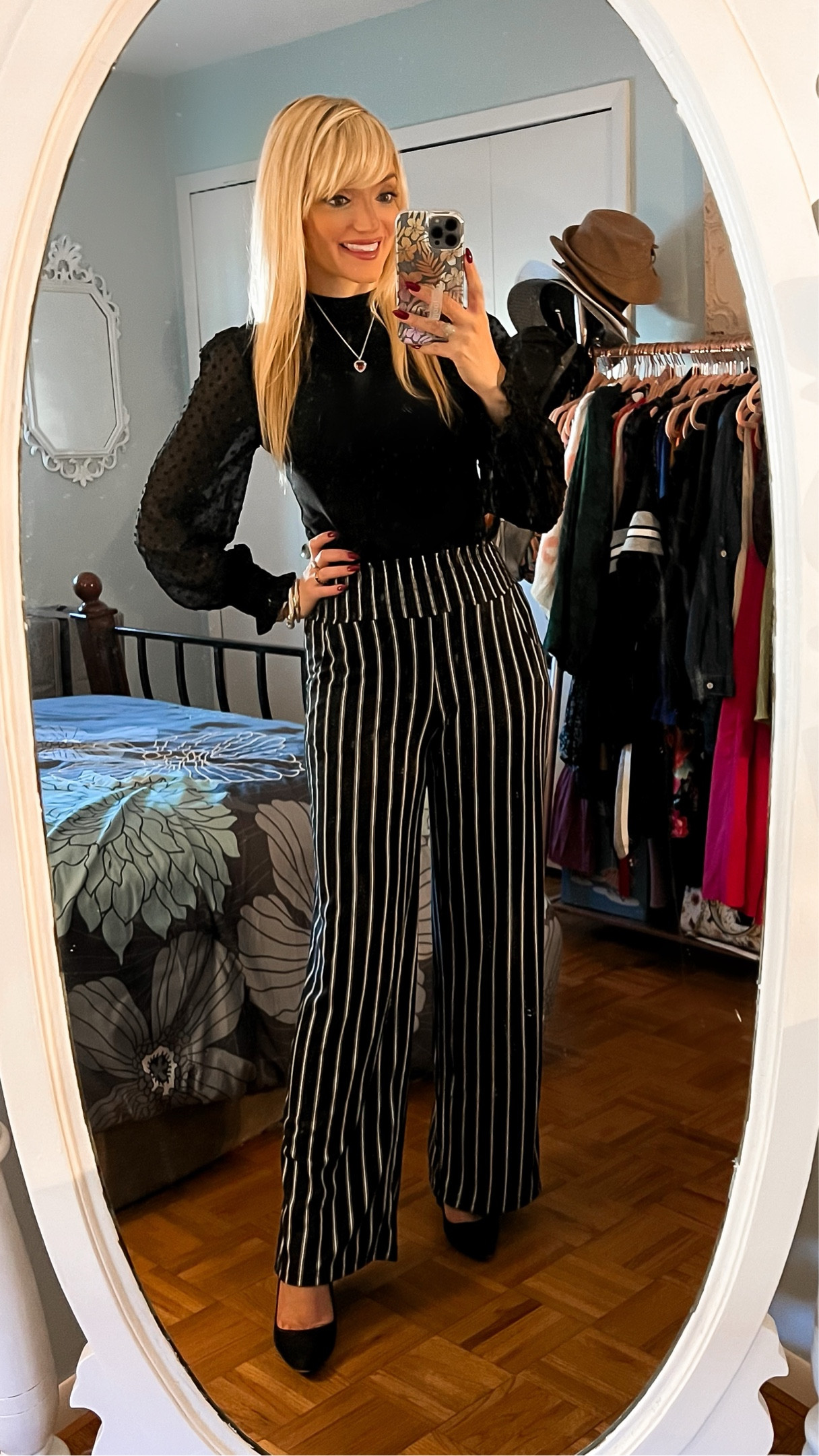 Comfy yet chic pull on pinstripe dress pants under $25 - Swiss dot sheer sleeve top - business casual - wear to work - office style - work outfit - teacher outfit - teacher style - Amazon fashion - Amazon finds 

#LTKunder50 #LTKworkwear #LTKSeasonal