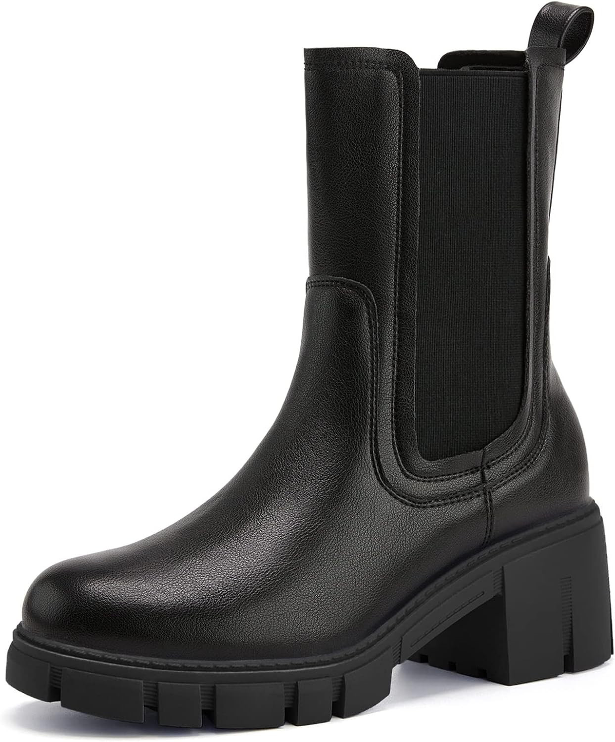 TINSTREE Women's Lug Sole Platform Boots Mid Calf Elastic Chunky Block Heel Leather Chelsea Booti... | Amazon (US)