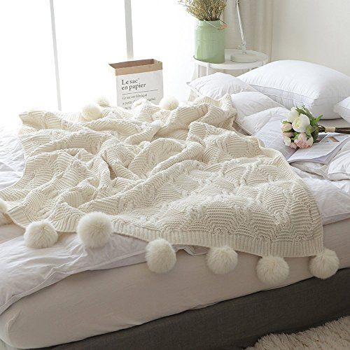 Tenghe Solid Ultra Soft Cable Knit White Blankets Chenille Pompoms Fringe Throws Warm Decor Bedding  | Amazon (US)