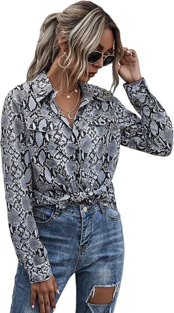 Floerns Women's Long Sleeve Button Down Snakeskin Print Blouse Tops | Amazon (US)