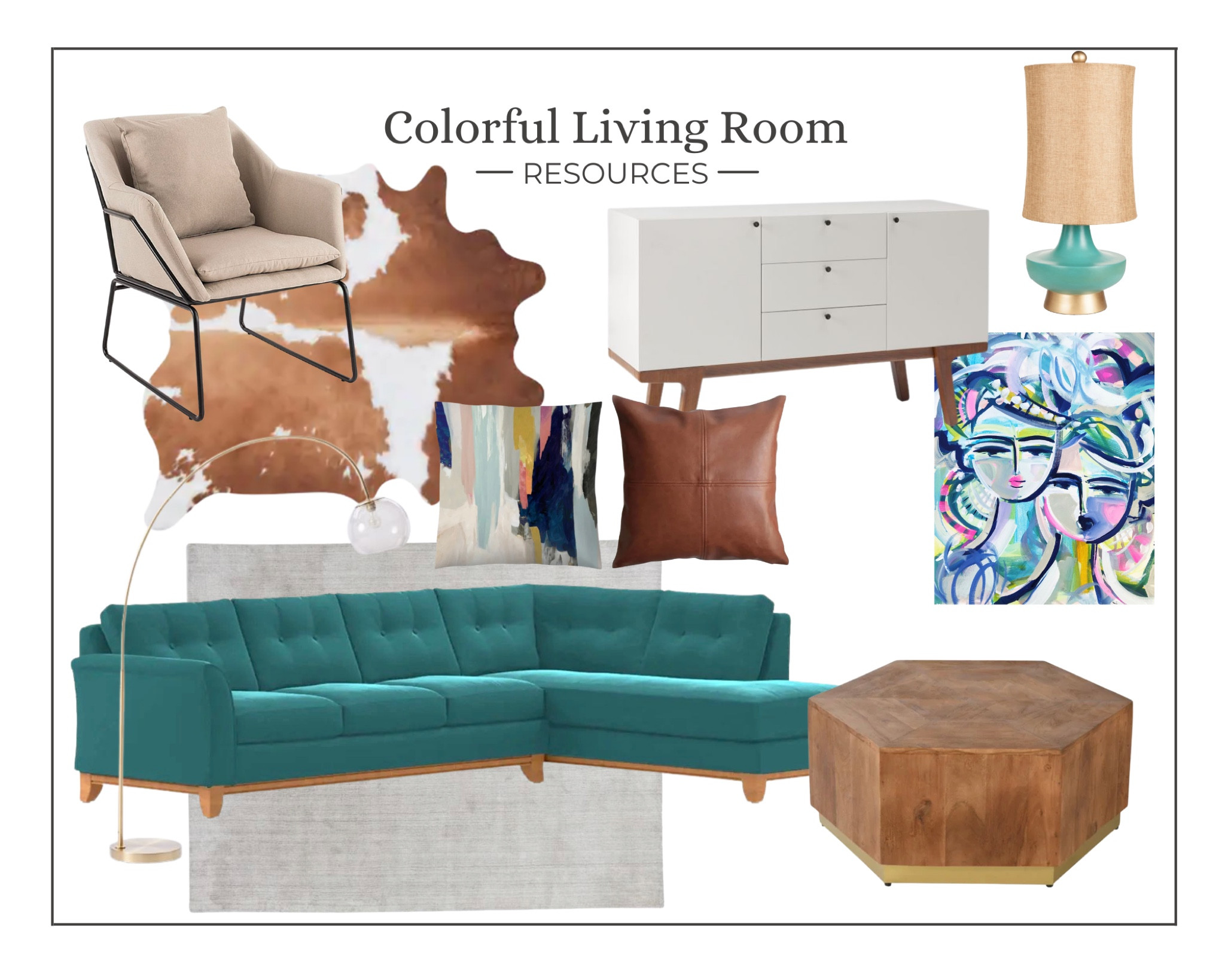 Modern, eclectic and colorful living room inspo. 
Peacock sofa, leather pillow, hexagon coffee table, arching lamp, cowhide rug, modern media console 

#LTKstyletip #LTKFind #LTKhome