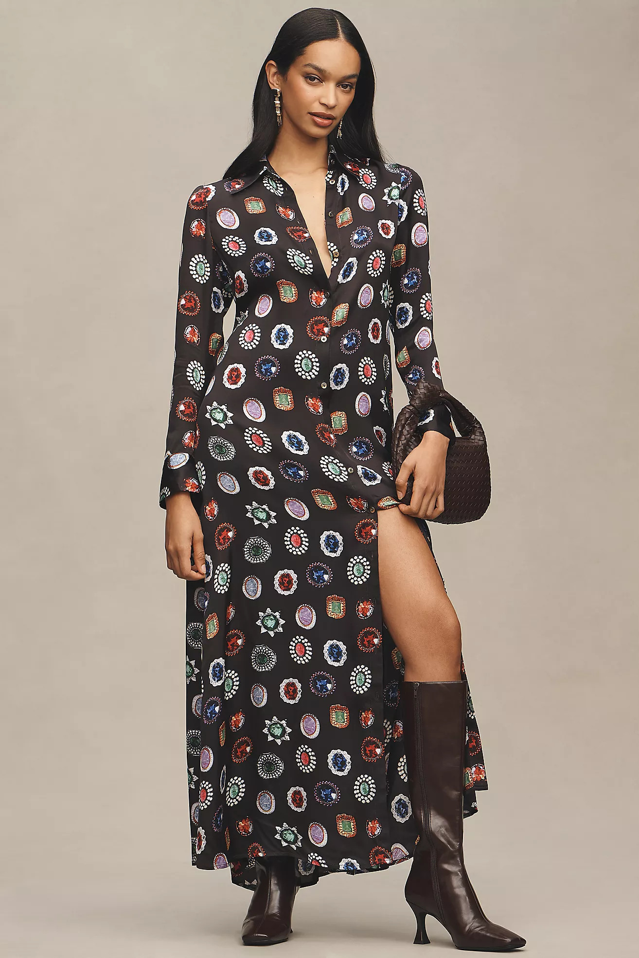 Corey Lynn Calter Long-Sleeve V-Neck Jewel Maxi Shirt Dress | Anthropologie (US)