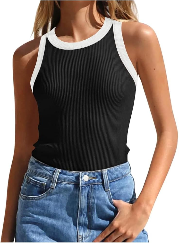 Ribbed Tank Tops for Women, Summer 2024 Henley Shirts Sleeveless Tops, Tank Top for Women Long Dr... | Amazon (US)