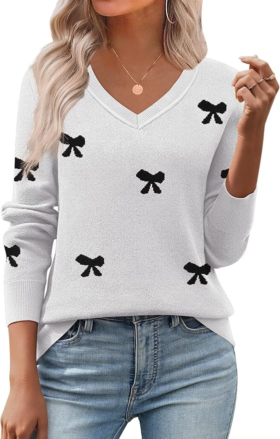 Zeagoo Women's 2025 Fall V Neck Sweater Trendy Long Sleeve Casual Lightweight Ribbed Knit Pullove... | Amazon (US)