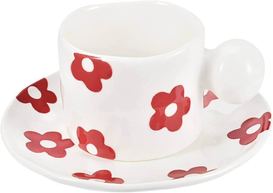 Koythin Ceramic Coffee Mug with Saucer Set, Cute Round Handle Cup with Flower Saucer for Office a... | Amazon (US)