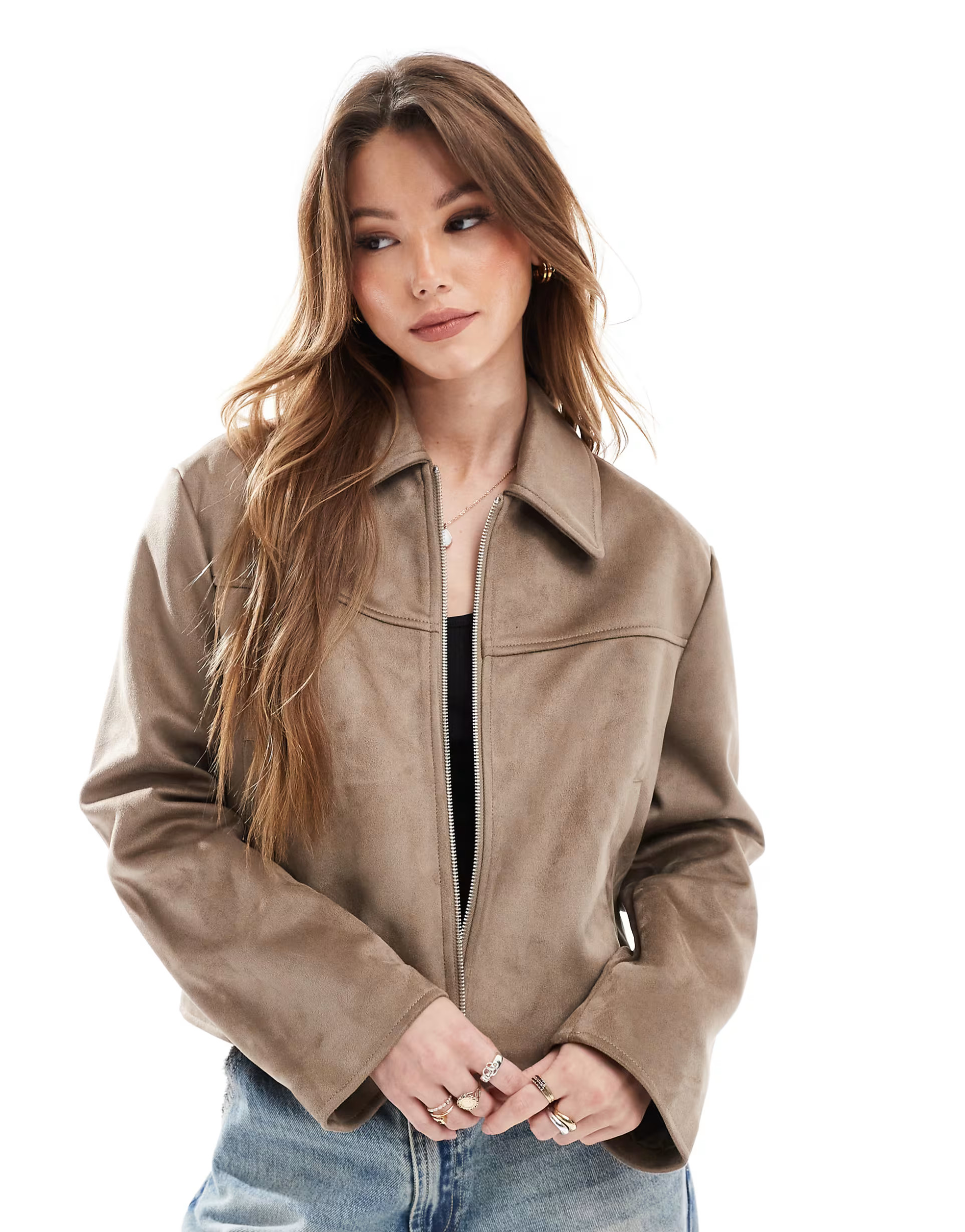 ASOS DESIGN faux suede top collar jacket in stone | ASOS | ASOS (Global)