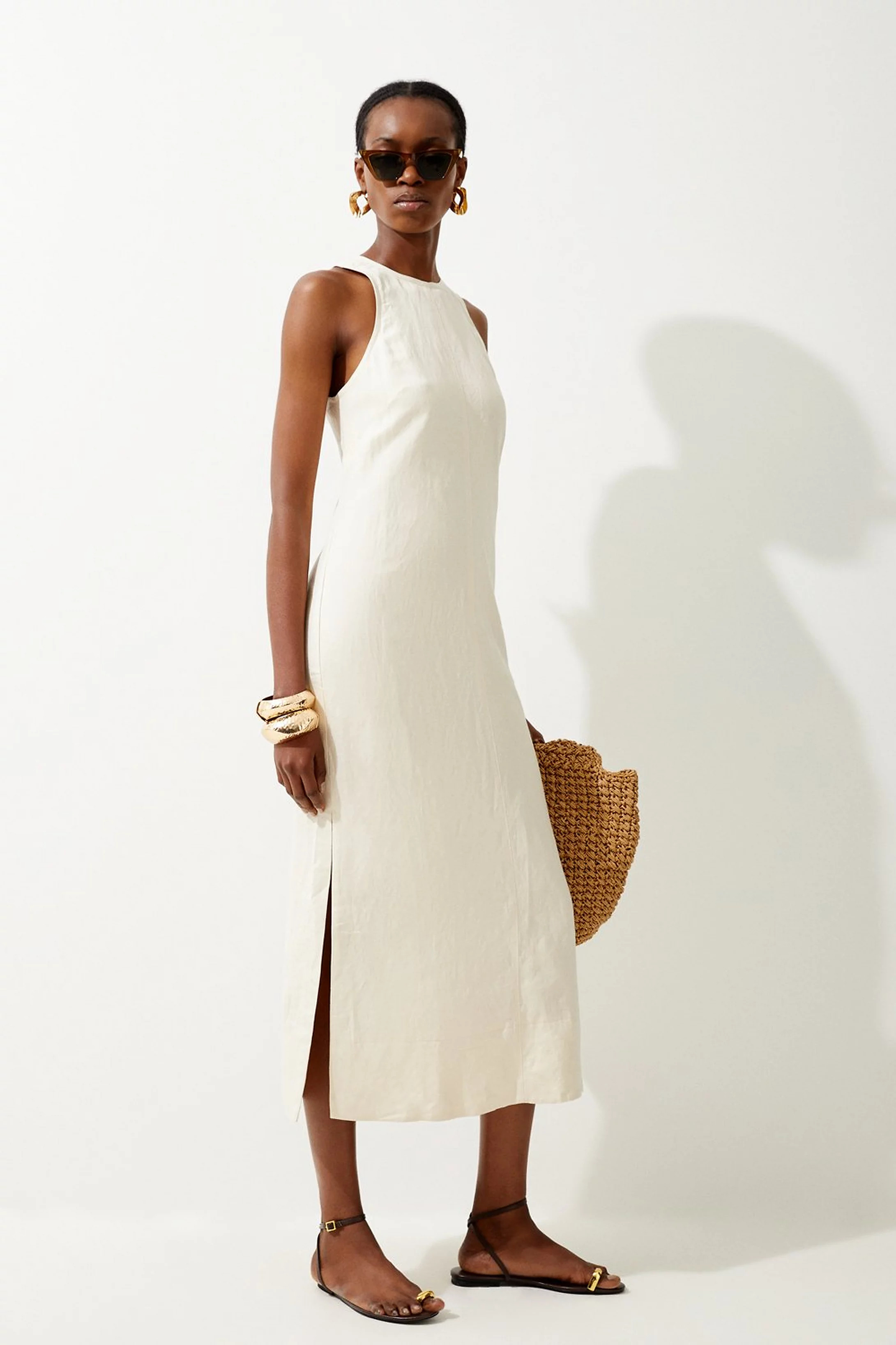 Topstitch Viscose Linen Halter Midi Dress | Karen Millen US