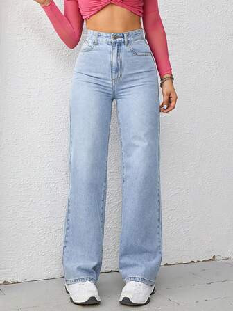 Jeans mit hoher Taille, breitem Beinschnitt, | SHEIN