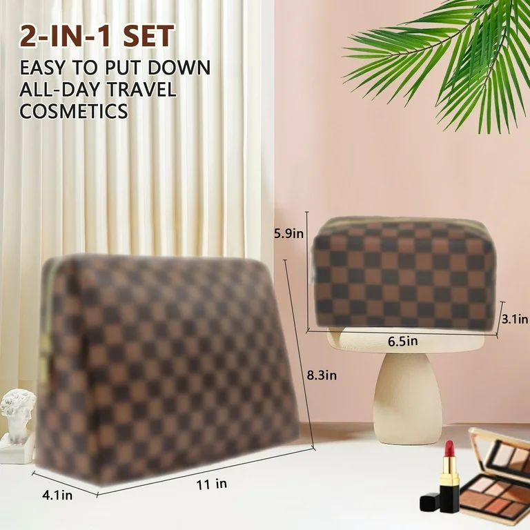 SEMEZUXX 2 Pcs Checkered Makeup Bags Travel Cosmetic Bag Waterproof Leather Toiletry Bag Brown | Walmart (US)