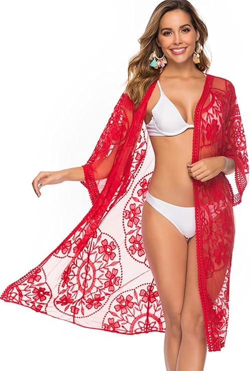 Women Sexy Lace Cardigan Open Front Long Kimono Sexy Swimwuit Coverup | Amazon (US)