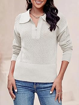 Women's Half Zip Pullover Sweaters Crochet Lapel Collar Long Sleeve Knit Solid Color Jumper Tops | Amazon (US)