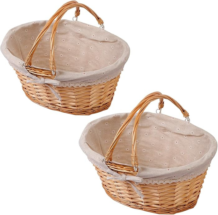 KINJOEK 2 Packs Wicker Woven Basket, 13" x 9" x 4.8" Multipurpose Natural Willow Basket with Hand... | Amazon (US)