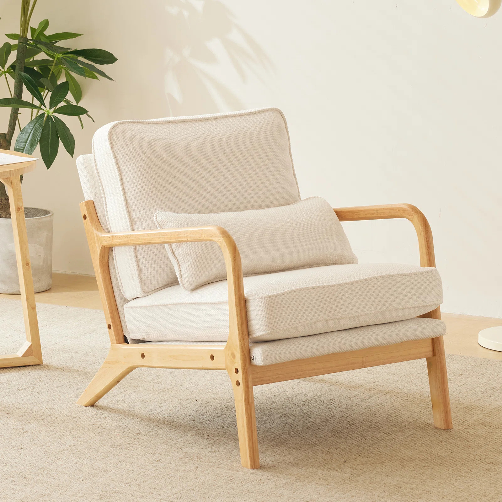 Lemley Mid Century Solid Wood Accent Chair Upholstered Armchair with an Extra Pillow | Wayfair North America