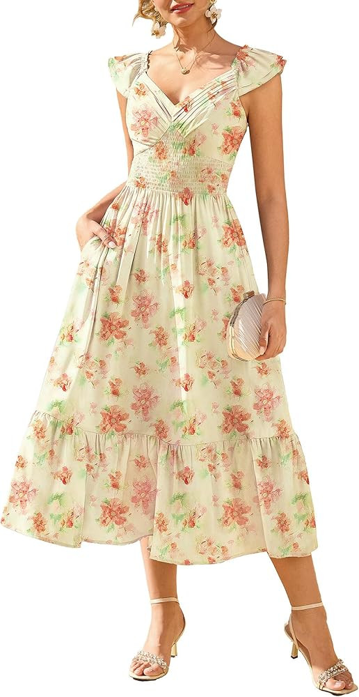 GRACE KARIN Damen Elegant Blumenkleid, R\u00fcschen\u00e4rmel V-Ausschnitt Kleid Damen Sommer mit... | Amazon (DE)
