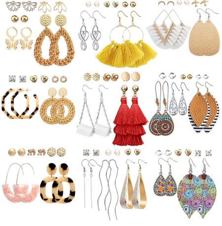 47 Pairs Fashion Earrings for Women Girls, Boho Statement Tassel Rattan Leather Earrings Butterfly Acrylic Hoop Stud Drop Dangle Earrings Set, Hypoallergenic for Sensitive Ears