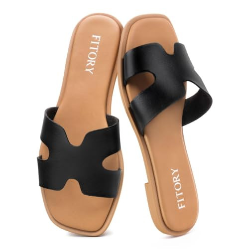 FITORY Women's Slide Sandals, Flat Fashion Square Open Toe with Cushion Slippers for Summer Beach Size 9 Black | Amazon (US)