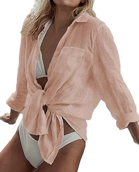 Zicozy Beach Coverup for Women, Swimsuit Coverup Long Sleeve, Linen Bikini Cover Up Shirt, Bathin... | Amazon (CA)