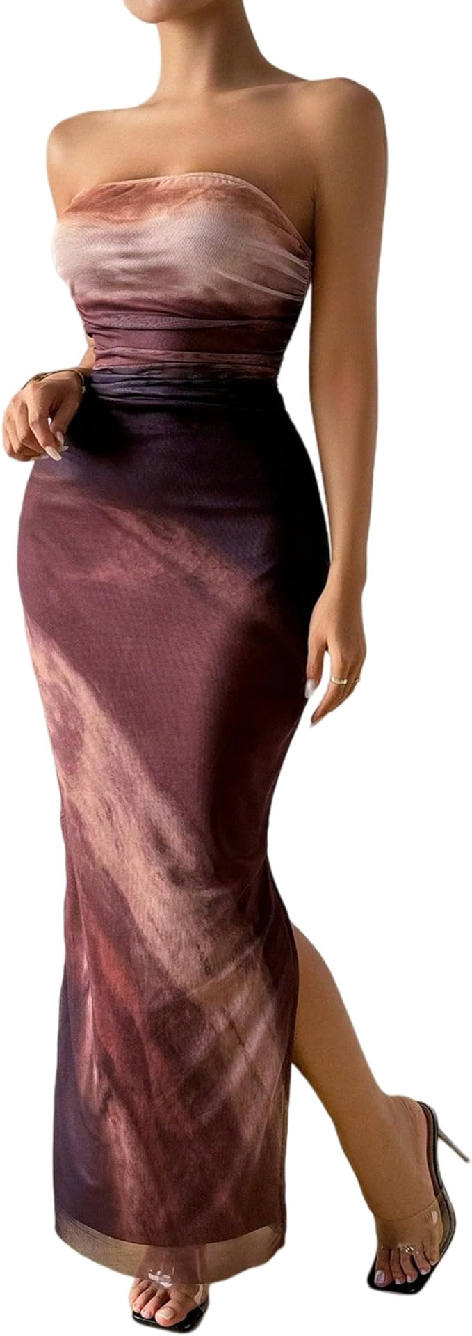 LIGHT DOT Women's Summer Maxi Dress Tie Dye Strapless Tube Bodycon Side Slit Mesh Layered | Amazon (US)
