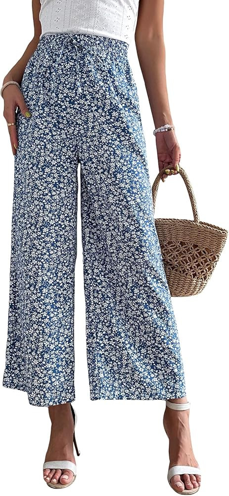 Floerns Women's Boho Printed Tie Front Drawstring High Waist Wide Leg Pants | Amazon (US)
