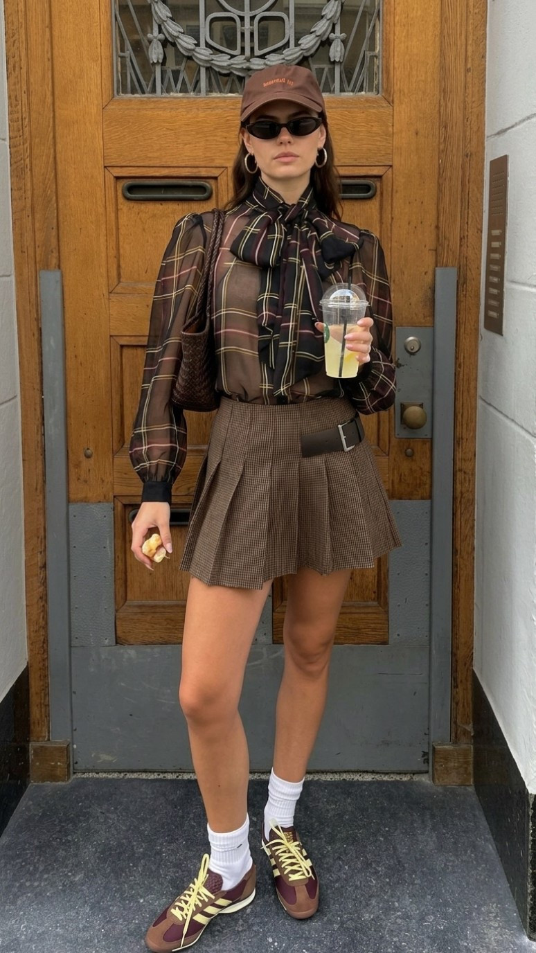 There’s a particular kind of outfit that always works:
part academic, part off-duty model.

A sheer plaid blouse with a tied bow, a pleated micro skirt, vintage-feeling sneakers, and a baseball cap thrown on like it wasn’t planned.

It’s the formula fashion keeps returning to because it walks the line perfectly — polished but slightly ironic.

A few pieces that recreate the look are linked here.

#LTKgrwm #LTKootd #LTKdayinmylife