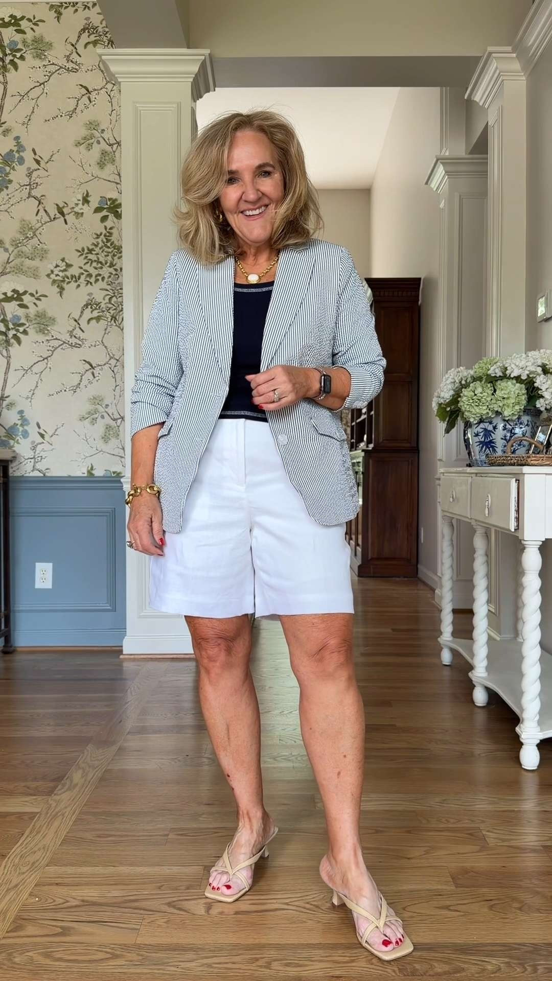 Simple, classic, and easy to wear 🤍 I love how the striped blazer elevates the navy tank and white shorts while still keeping the outfit relaxed and comfortable. 🫶🏻 

 #LTKootd #LTKSeasonal #LTKOver40