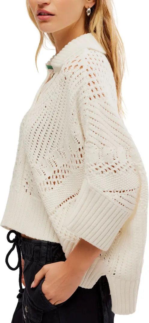 Free People To the Point Open Stitch Polo Sweater in Coral Crush at Nordstrom, Size X-Large | Nordstrom