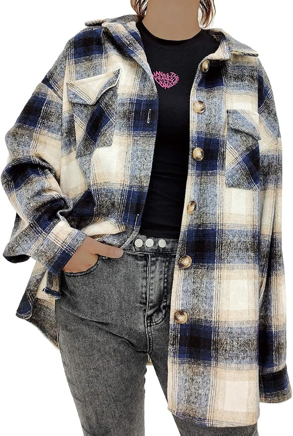 Women‘s Casual Oversize Label Button Down Long Sleeve Blend Wood Plaid Shacket Jacket Coat | Amazon (US)