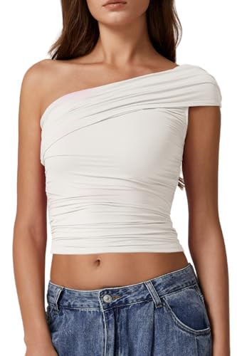 QINSEN One Shoulder Going Out Tops for Women Fold Over Double Line Slim Fitted T Shirts Splashed White L | Amazon (US)