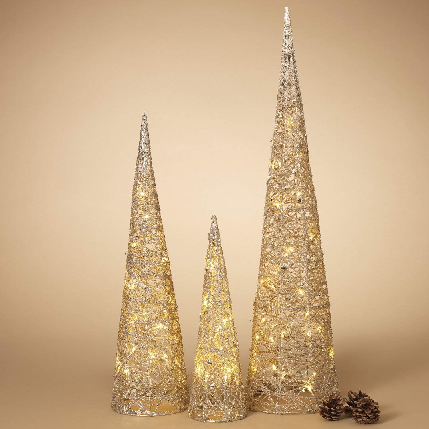One Holiday Way LED Lighted Set of 3 Gold Glitter Cone Christmas Trees (32 Inch, 24 Inch, 16 Inch) - | Amazon (US)