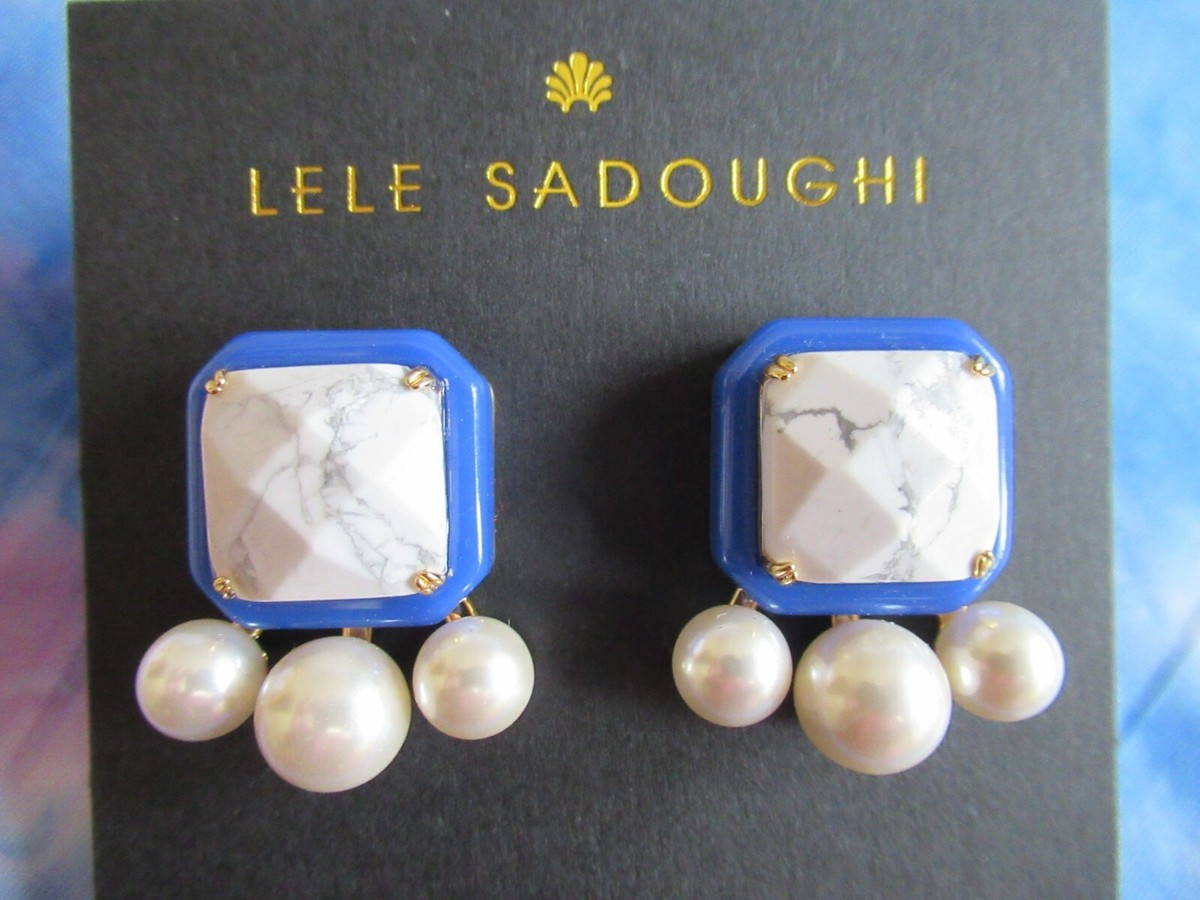 LELE SADOUGHI Paddle Button Blue  Cobalt Marble Square  Pearls Stud Earrings | eBay US