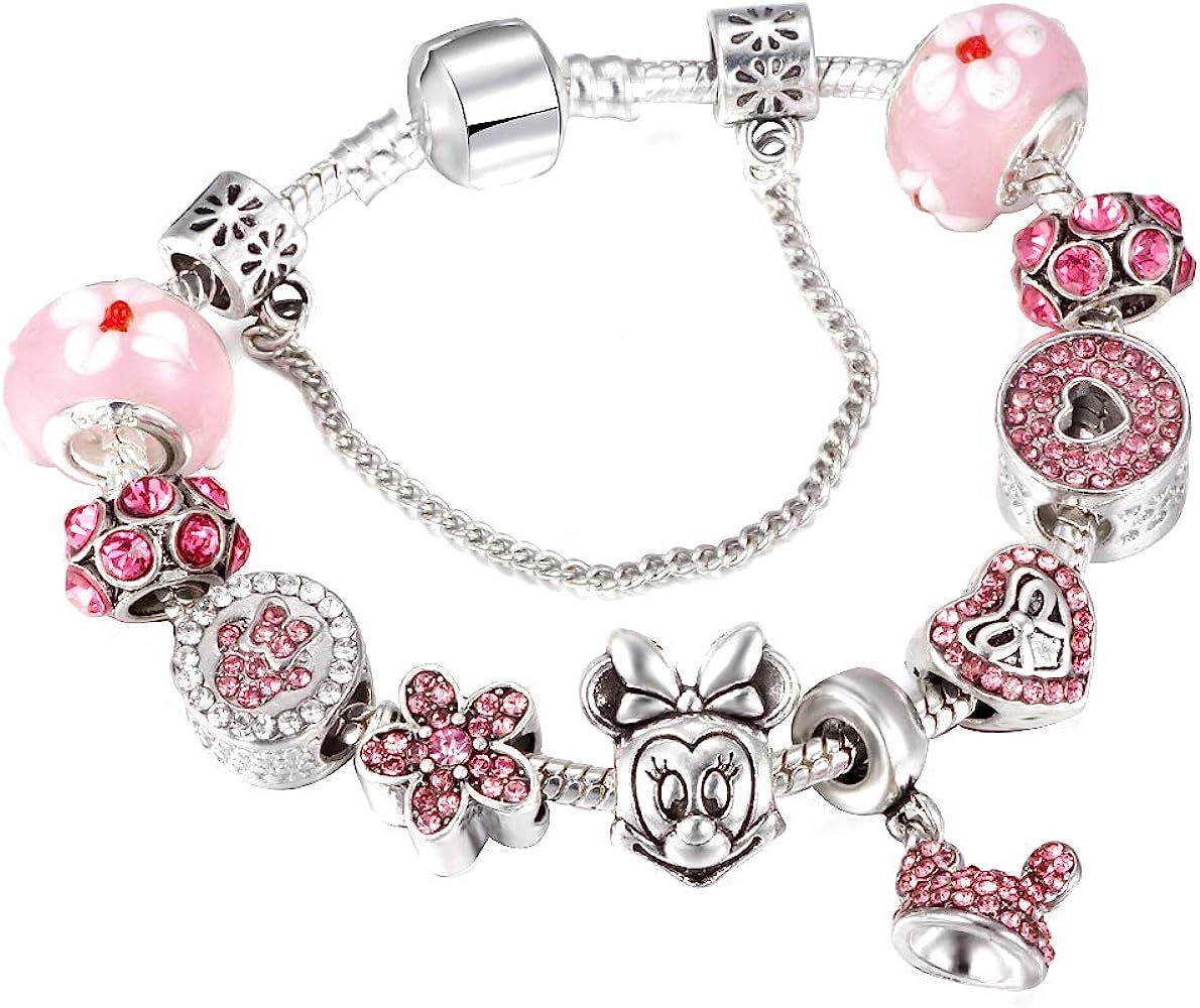 MIADEAL Minnie Mickey Mouse Pink Charms Bracelet, Fits Pandora, Girls Womens DIY Costume Jewelry | Amazon (US)