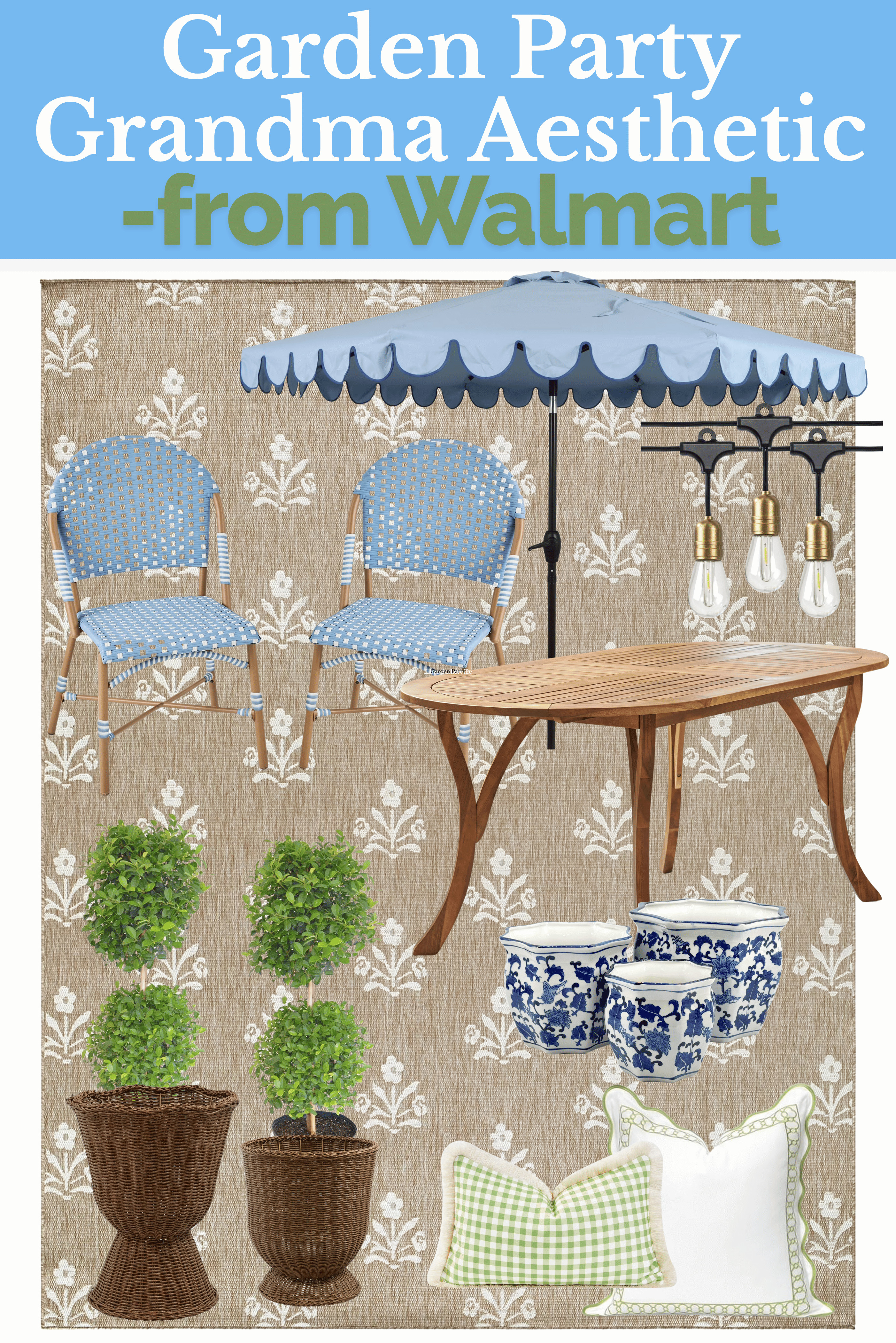 Walmart patio finds for the grandma core girlie in all of us 🌸 Blue and white decor, bistro chairs, topiaries, fringe umbrella — vintage garden party vibes on a real budget. Shop my picks on LTK! #WalmartPatio #GrandmaCore #OutdoorDecor #BlueAndWhite #PatioDecor #CottageStyle #GardenParty 

 #LTKSeasonal #LTKHome