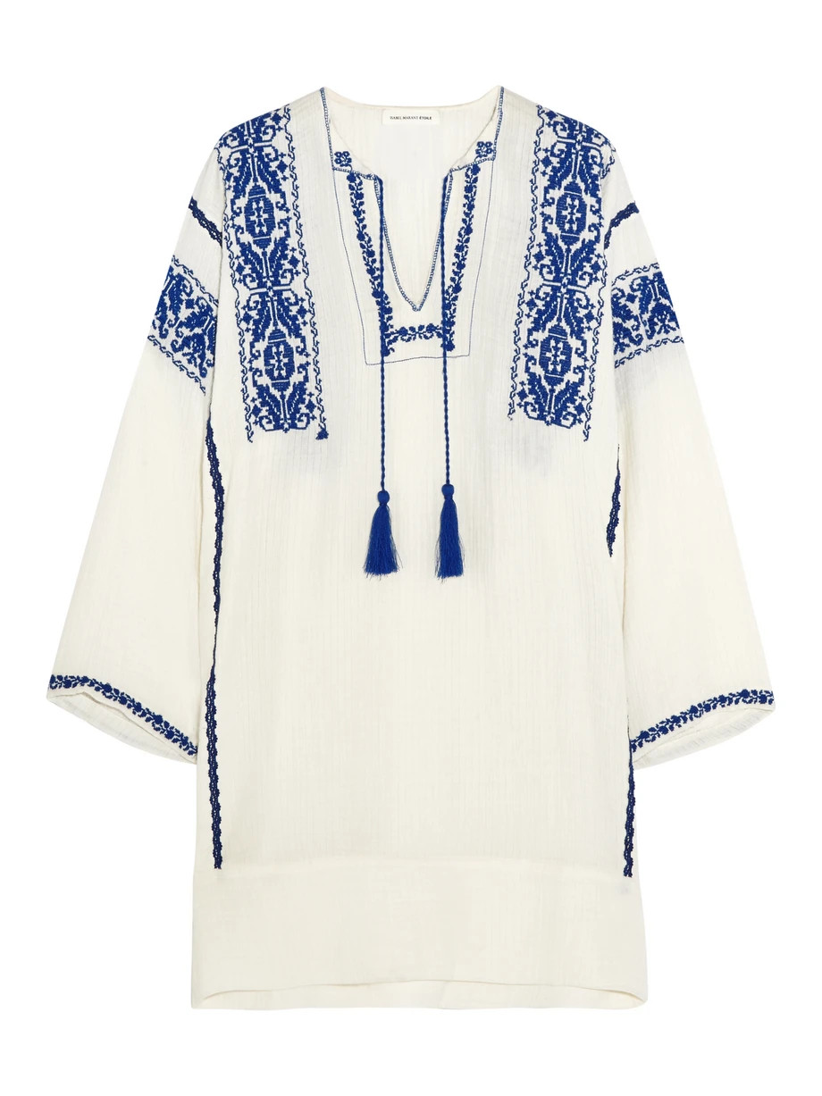 Vinny Embroidered Cotton-Gauze Mini Dress, Étoile Isabel Marant, White/Blue, Women's - Embroidered, Size: 38 | NET-A-PORTER (US)