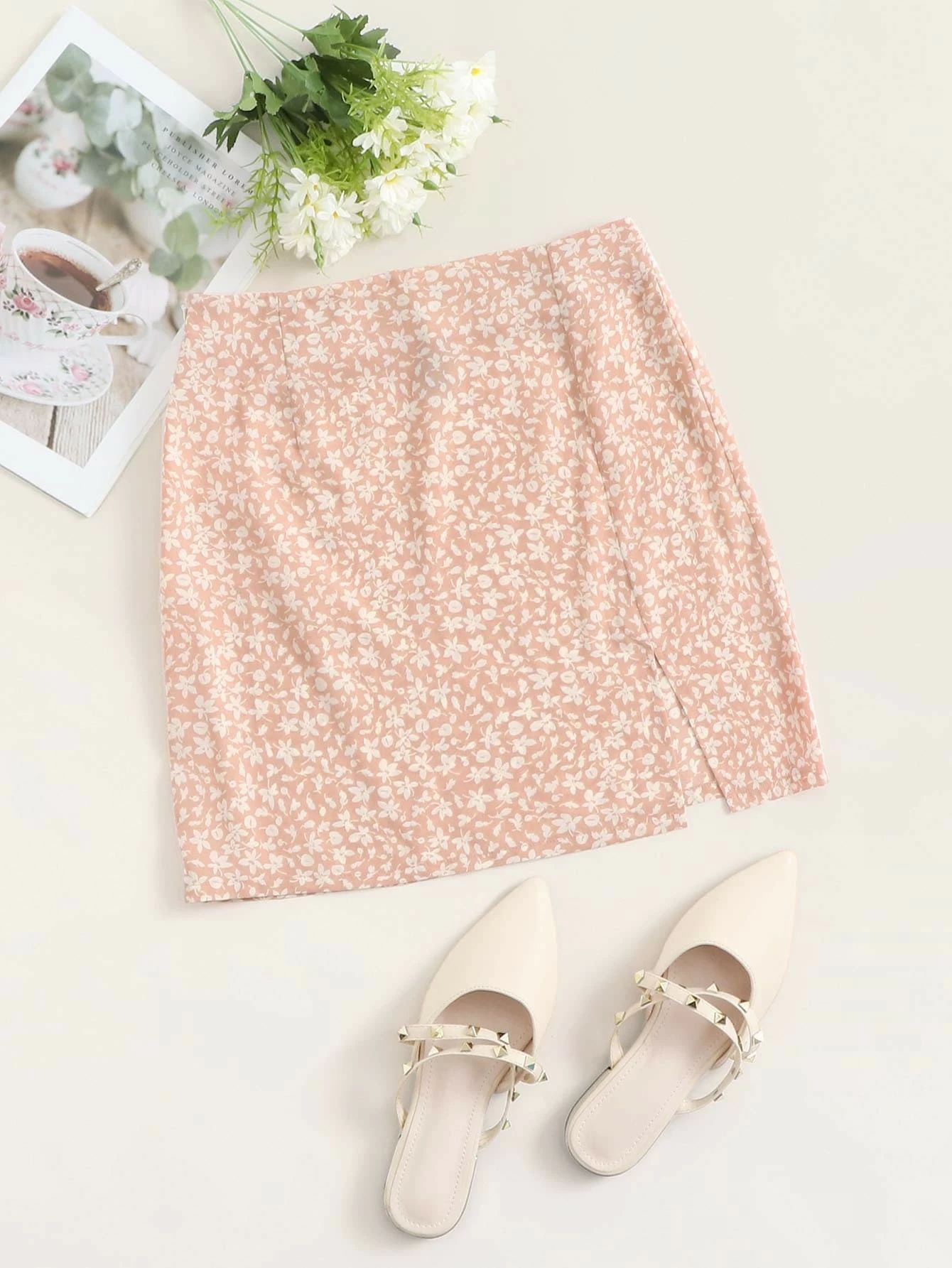 SHEIN Split Hem Ditsy Floral Skirt | SHEIN