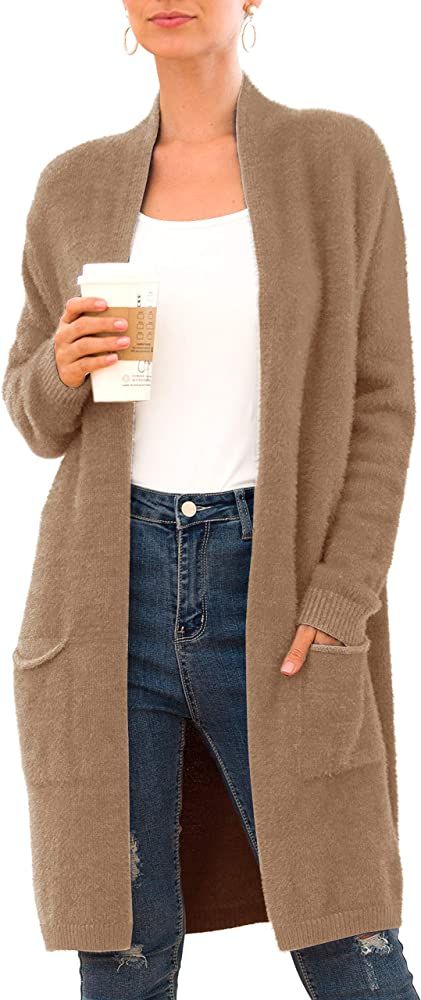 QIXING Women's Casual Open Front Knit Cardigans Long Sleeve Plush Sweater Coat with Pockets | Amazon (US)