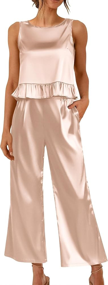 Ekouaer Womens Satin Pajamas Set 2 Piece Silk Outfits Sleeveless Tank Crop Wide Leg Pants Sleepwe... | Amazon (US)