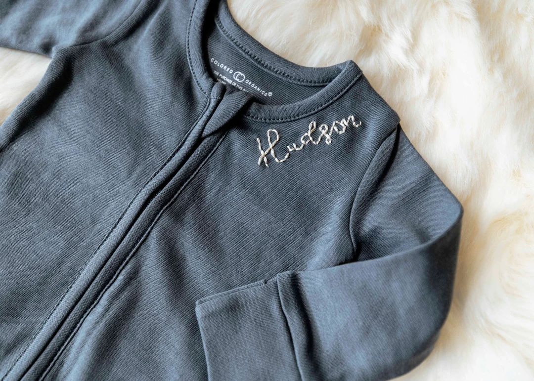 Personalized Hand Embroidered Smoky Blue Infant Footed Romper - Etsy | Etsy (US)